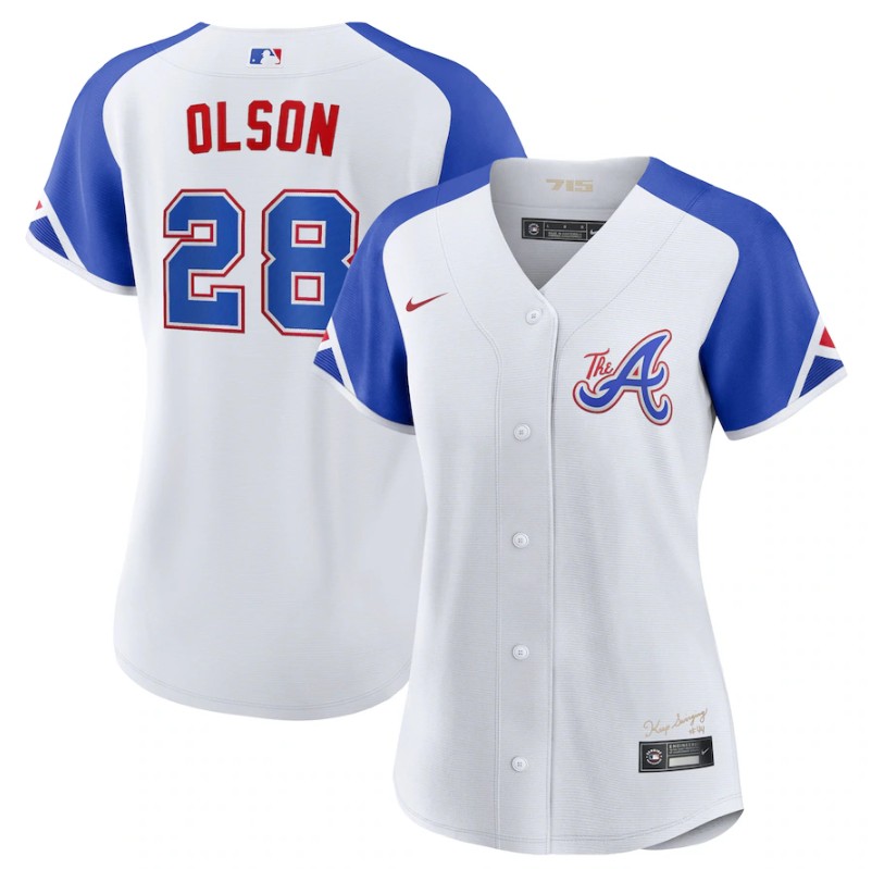 Women's Atlanta Braves #28 Matt Olson White 2023 City Connect Stitched Baseball Jersey(Run Small)